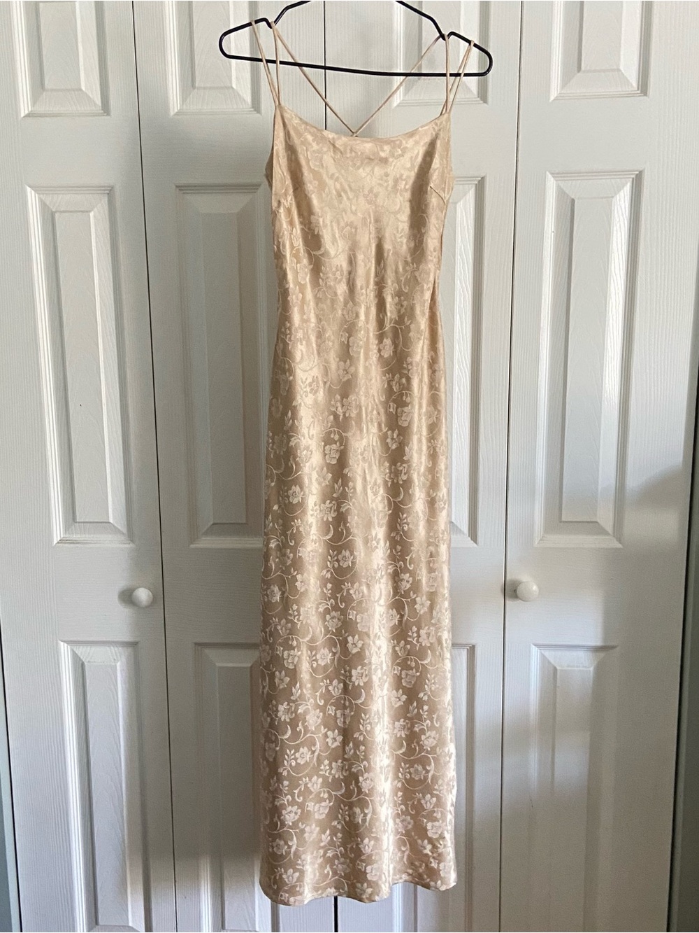 Vintage Cream Satin Slip Dress with Subtle Floral Jacquard Size XS/S